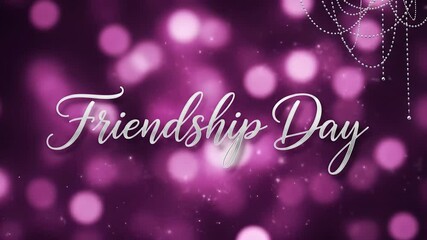 Friendship Day message with purple bokeh lights and elegant silver text. Celebrate bonds with happy visuals, perfect for greeting cards, and social media posts.