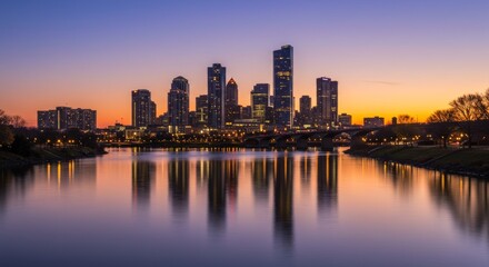 Obraz premium Stunning Cityscape at Sunset Urban Skyline Reflected in Calm Water
