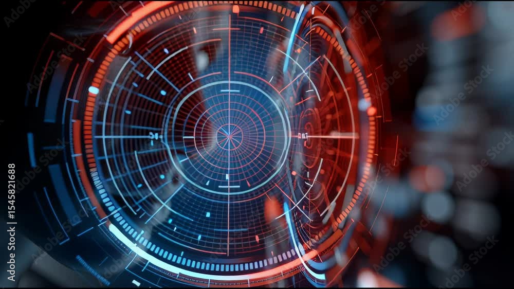 Poster a man is looking at a computer screen with a red and blue circle