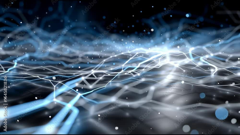 Poster neural network hologram data map, intricate web of connections pulsing with electric light