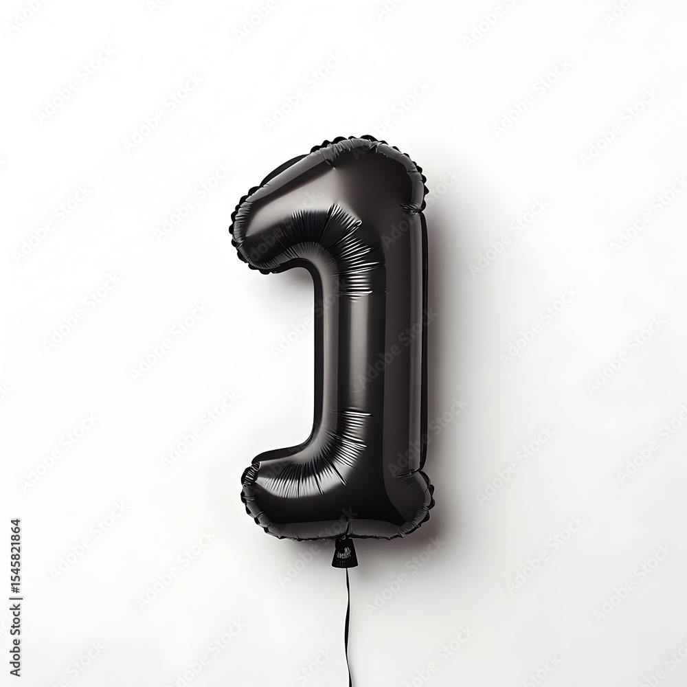 Fototapete a balloon shaped like the number 1,matte black metallic finish with realistic reflections and smooth