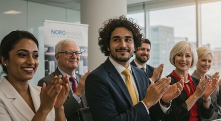 Diverse Business Professionals Applauding at a Corporate Meeting or Presentation