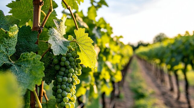 a grapevine field in early morning light with organized trellises guiding the eye forward, green and vibrant leaves, moist soil beneath each row, soft haze at horizon, fine realistic detail