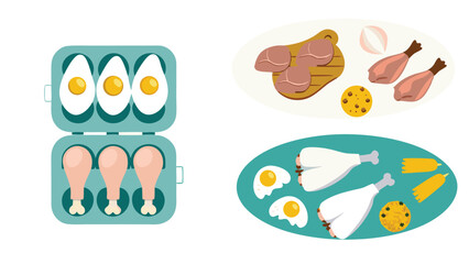 Raw poultry and egg product set. Chicken fillet, thighs, wings, ground meat, and fresh eggs in supermarket packs. Healthy protein food concept. Isometric vector illustration.