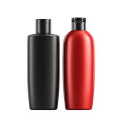 Stylish shampoo bottles in black and red, suitable for beauty and personal care branding and advertisements.