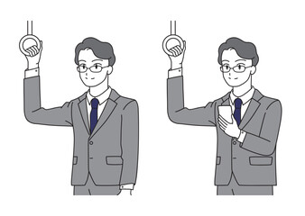 電車に乗るスーツ姿の若い男性のイラストセット