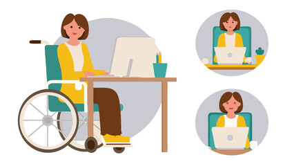 
Woman with disability in wheelchair. Character constructor for animation. Front and side view set. Body parts, postures, poses collection