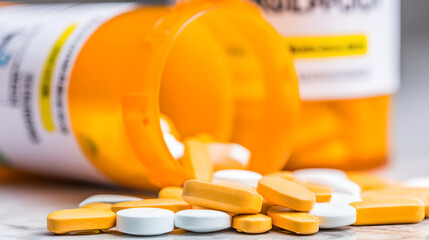 Close-up of colorful pills scattered around medicine bottle on white marble surface, healthcare and medical treatment concept, pharmaceutical and wellness industry theme.