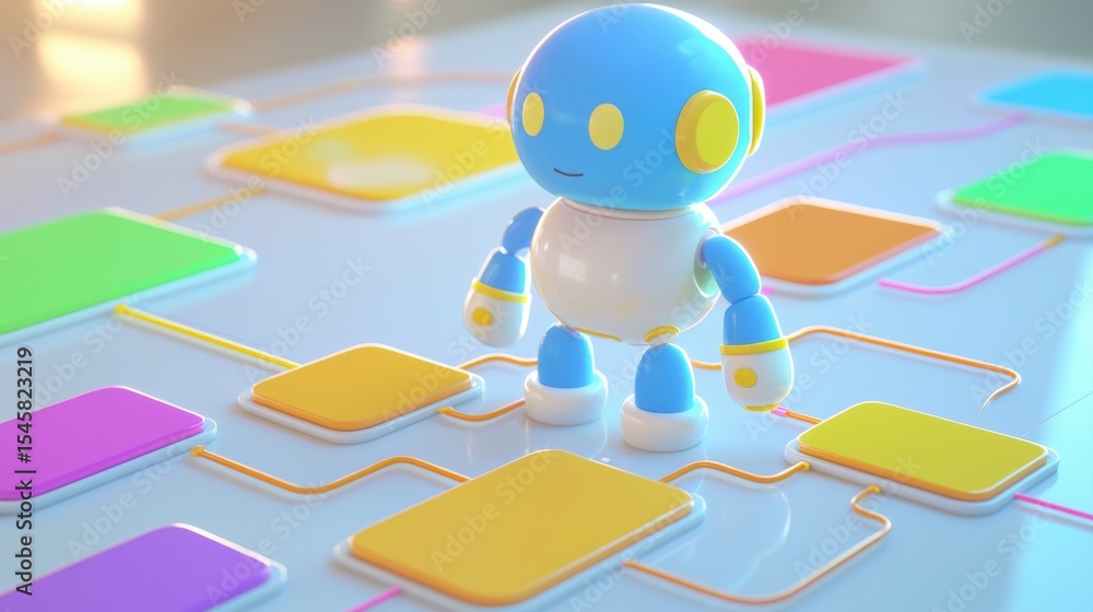 Poster a cheerful blue and white robot stands centered on a colorful digital flowchart with interconnected 