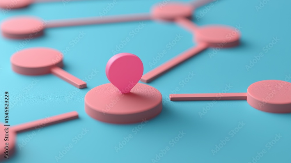 Aufkleber a 3d pink location marker on a connected network of pink circular nodes against a blue background, s