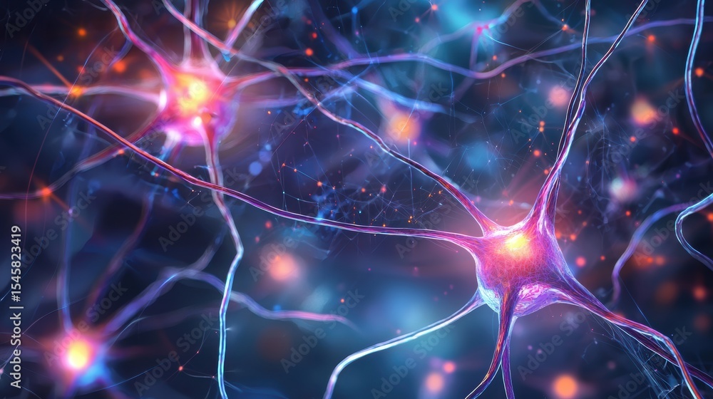 Poster a detailed 3d visualization of neurons with glowing synapses, illustrating neural connections and br