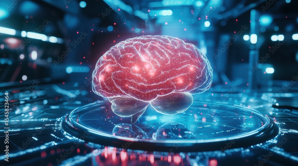 Poster a glowing digital brain hologram floats above a futuristic platform in a dark tech environment, symb