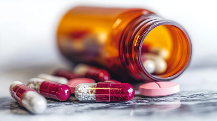 Close-up of colorful pills scattered around medicine bottle on white marble surface, healthcare and medical treatment concept, pharmaceutical and wellness industry theme.