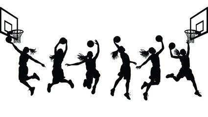 Obraz premium Dynamic Silhouettes of Women Basketball Players in Action A Powerful Collection of Sport Illustrations