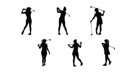 Obraz premium Female Golfer Silhouettes Diverse Golf Swing Poses for Design Projects, Vector Illustrations, and Sport Graphics