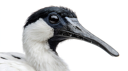 Close-up of a White-faced Ibis head showing its distinctive curved beak, black head and neck, and white facial markings against a white background.