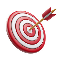 Target arrow success icon. Dart arrow on target dartboard. 3d isolated on white background. Cartoon plastic style