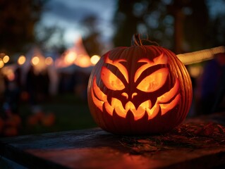Fototapeta premium Hand-Carved Pumpkin Lantern in Halloween Setting, Shallow Depth of Field Highlighting Artisan Details and Festive Atmosphere, Dark Background