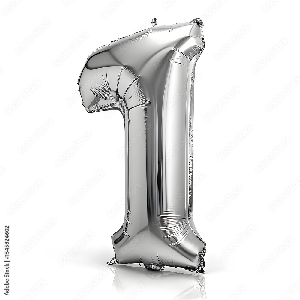 Fototapete a balloon shaped like the number 1 ,silver metallic finish with realistic reflections and smooth tex