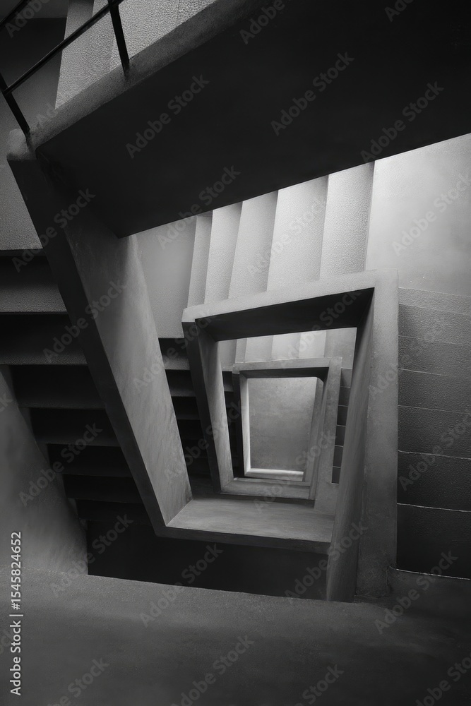 Poster monochromatic photograph of a complex, geometric concrete staircase spiraling inward, creating a sen