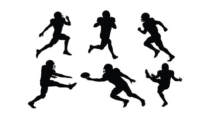 American Football Player Silhouettes Action Poses, Running, Throwing, Kicking - Vector Graphics