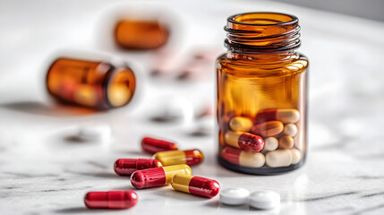 Close-up of colorful pills scattered around medicine bottle on white marble surface, healthcare and medical treatment concept, pharmaceutical and wellness industry theme.