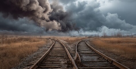 Fototapeta premium Forking train tracks in a desolate, stormy landscape, dark ominous clouds loom overhead