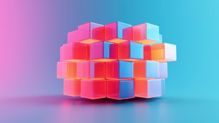Obraz premium A three‑dimensional abstract geometric cube composed of translucent colorful blocks with glowing neon hues on a smooth gradient background.