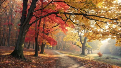Autumn path through a misty forest of red and gold trees