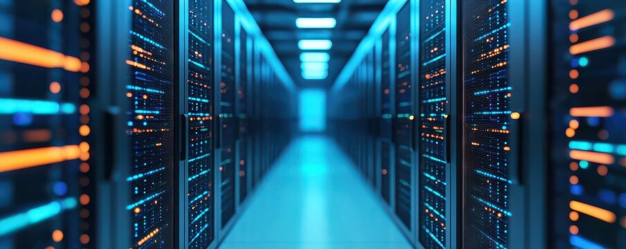A futuristic data center hallway with rows of illuminated server racks emitting blue and orange lights.