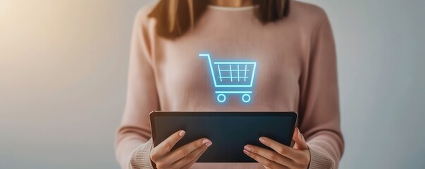 Woman holding a tablet with a digital shopping cart icon, symbolizing online shopping and e-commerce.