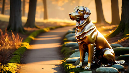 A golden dog statue sits on a stone path, surrounded by a tranquil forest