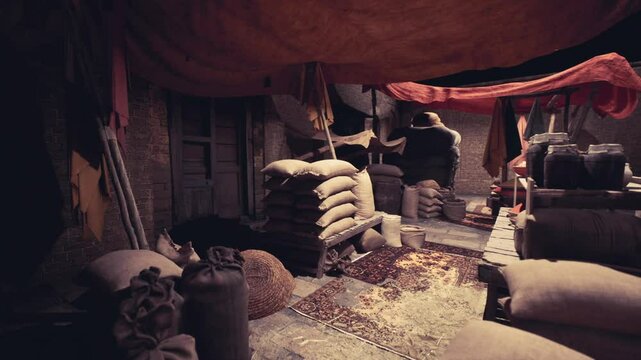 The bustling old national African bazaar showcases various sacks and merchandise under colorful tents, creating a lively atmosphere. Vendors interact with customers amid the rich culture.