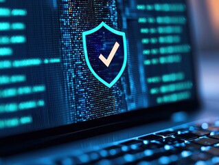 A digital shield with a checkmark icon on a laptop screen symbolizes cybersecurity and data protection in a high-tech environment.