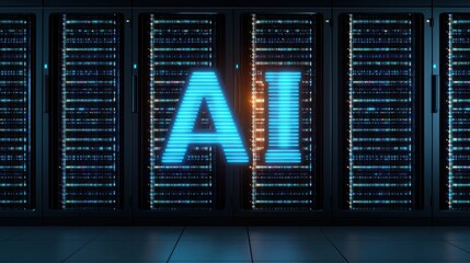 A glowing "AI" symbol in front of a row of high-tech server racks in a dark data center.