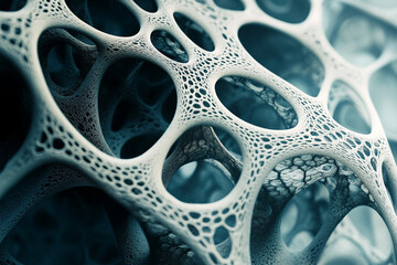 Abstract 3D render of a complex interconnected network structure with holes and intricate details