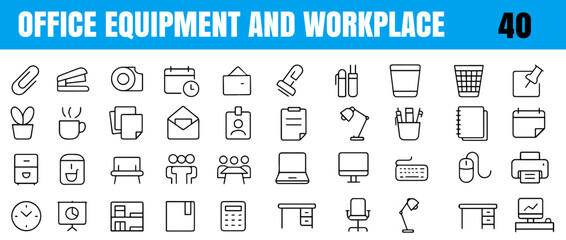 Office Equipment and Workplace Line Icons – Desk, Chair, Laptop, Printer, Document, File Cabinet, Coffee, Phone, coffee mug, landline phone, trash bin, calendar
