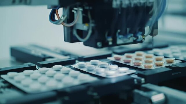 Automated machine filling blister packs with pills in pharmaceutical factory