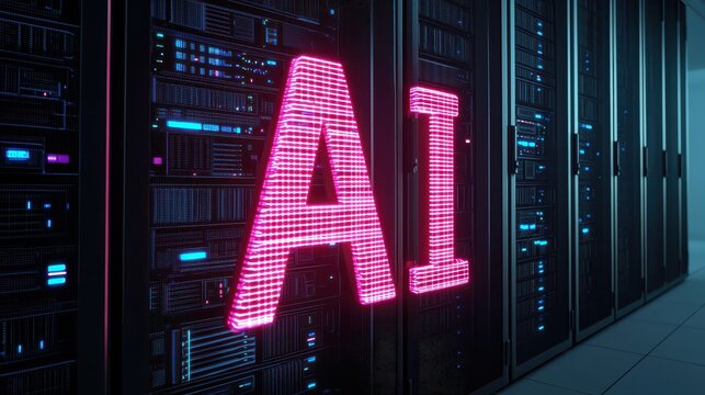 A glowing red "AI" text displayed in front of a high-tech server room filled with racks of computer hardware.