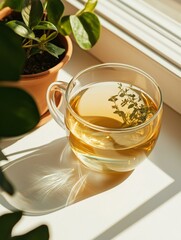 Glass cup of tea on a windowsill. the cup is filled with a light-colored liquid and has a small sprig of thyme on top. next to the cup, there is a potted plant with green leaves.