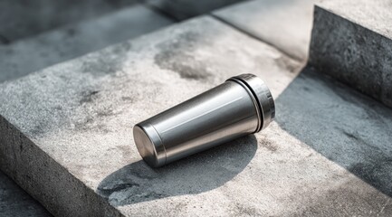 Sleek, silver travel tumbler rests on textured concrete steps, bathed in sunlight, casting a subtle shadow