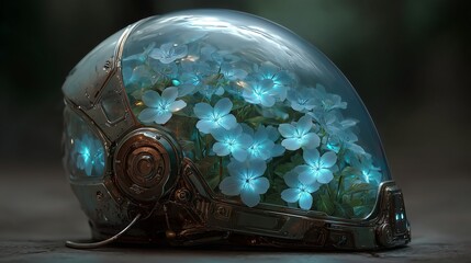 Sci-fi helmet with glowing bioluminescent flowers inside, futuristic botany