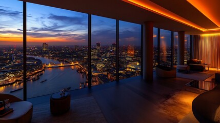 Fototapeta premium Luxurious penthouse with floor to ceiling windows overlooking a glowing city at night minimalist designer furniture ambient mood lighting