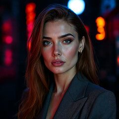 Portrait of a beautiful woman with red hair in city lights