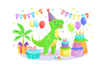 Naklejka premium Cute dinosaur birthday party celebration illustration