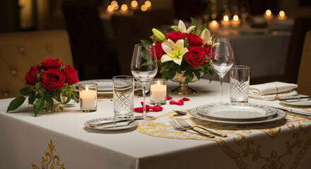 Romantic Dinner Table Setting with Red Roses Candles and Elegant Tableware