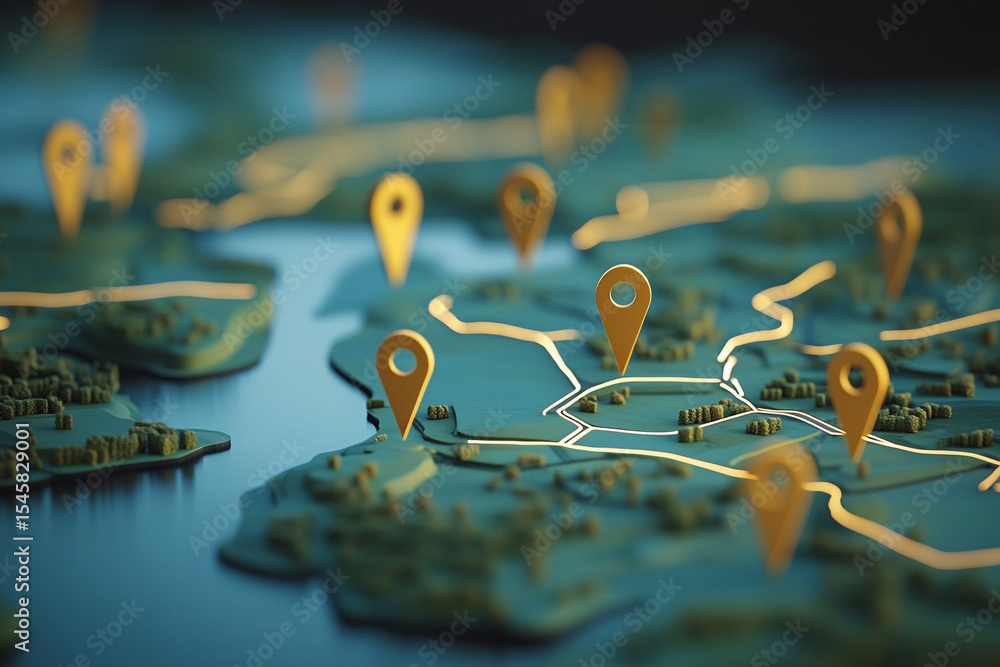 Poster golden location markers on a 3d map showing various locations and routes