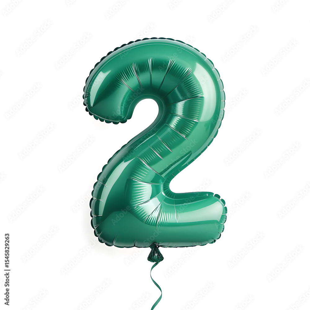 Fototapete a balloon shaped like the number 2,emerald green metallic finish with realistic reflections and smoo