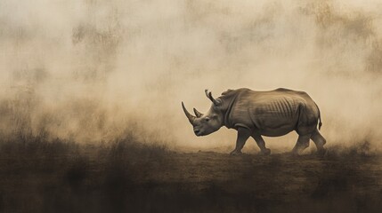 Fototapeta premium White rhinoceros walking slowly across the dusty plains of South Africa