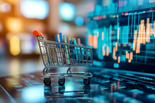 Shopping cart with bar graph on laptop screen showing market trends online sales growth e commerce